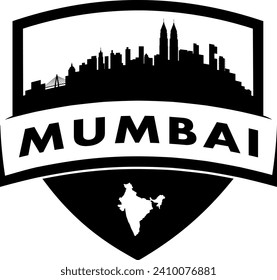 City of Mumbai India black and white shield style city buildings silhouette shield graphic with knockout white outline of the state border shape under name. Vector eps design. 