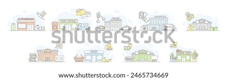 City Municipal Building and Architecture Line Vector Set