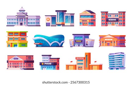 City municipal buildings. Government department building, school public library hospital police station cinema hall, municipality architecture exterior swanky vector illustration original artwork