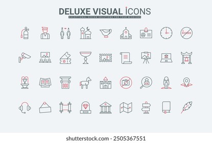 City museum exhibit and building, heritage gallery of history and culture, archeology line icons set. Sculpture and statue, picture collection of thin black and red outline symbols vector illustration