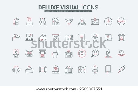 City museum exhibit and building, heritage gallery of history and culture, archeology line icons set. Sculpture and statue, picture collection of thin black and red outline symbols vector illustration