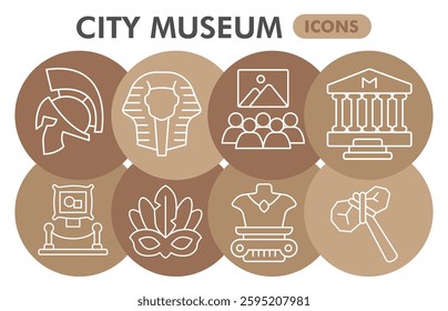 City museum symbols collection or sketches, exhibition theme bubbles in thin line style signs for web and app. Vector graphics isolated on white background