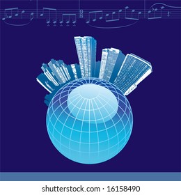 City Music Background with a globe, in blue.