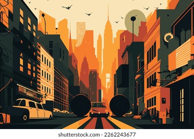 City and music flat vector illustration with streets, buildings around and towers in the background