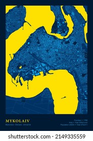 City Mykolaiv Ukraine Vector Poster Highly Detailed Map In Patriotic National Yellow Blue Flag Colors. City Transport System Cartography Includes Grouped Map Features Buildings Roads And Water Objects