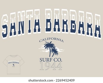 The city name written in college style and the palm tree logo are combined. Varsity graphic vector.