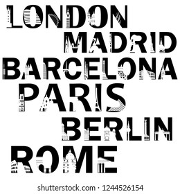 City names in words in black color with the  places of interest. London, Madrid, Barcelona, Paris, Berlin, Rome.