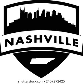 City of Nashville Tennessee black and white shield style city buildings silhouette shield graphic with knockout white outline of the state border shape under name. Vector eps design. 