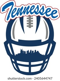 City of Nashville Tennessee downtown buildings skyline silhouette inside face mask of football helmet with laces and script lettering above. Vector eps graphic design.