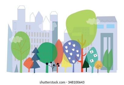 City and nature ecology - concept vector illustration with tree, flowers and buildings