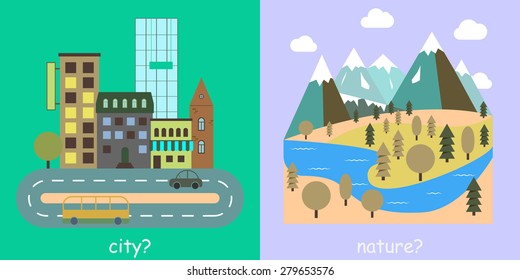 City and nature in a flat style. Image of a modern city. Mountains, the river and the trees. Houses and cars.