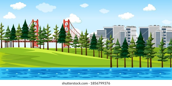 City with nature park landscape scene  illustration