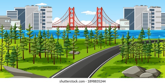 City with nature park landscape scene  illustration