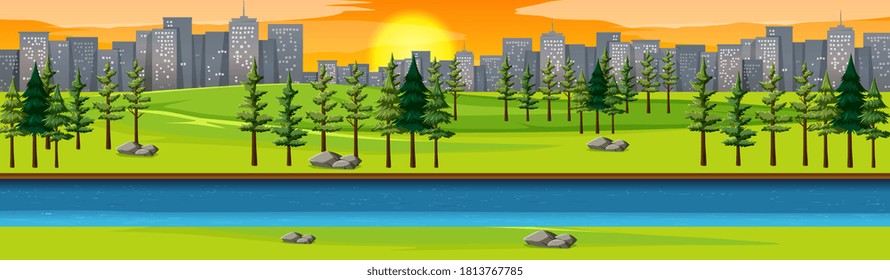 City nature park with river side landscape at sunset scene illustration