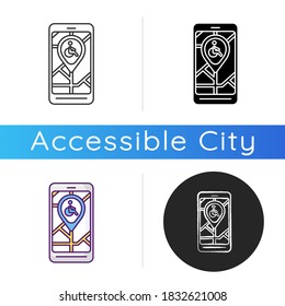 Icono de la aplicación de navegación de la ciudad. Aplicación de mapa de la ciudad para usuarios de sillas de ruedas. Navegación en lugares públicos. Rutas accesibles en silla de ruedas. Estilos de color negras y RGB lineales. Ilustraciones vectoriales aisladas