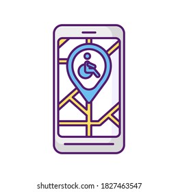 Icono de color RGB de la aplicación de navegación de la ciudad. Aplicación de mapa de la ciudad para usuarios de sillas de ruedas. Navegación en lugares públicos. Rutas accesibles en silla de ruedas. Instalaciones de apoyo para personas con discapacidad. Ilustración vectorial aislada