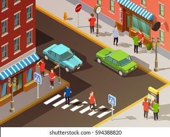 City Navigation With Digital Maps In Busy Street Isometric Set Vector Illustration