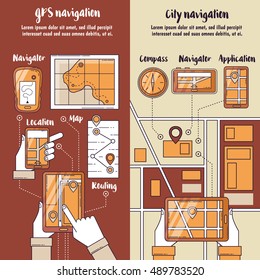 City navigation flat vertical banners with routing maps on screen of gadgets in people hands vector illustration