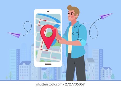 Concepto de navegación por la ciudad y ubicación GPS. Un joven sostiene un teléfono inteligente con un mapa y una ubicación de pin rojo para representar la planificación de viajes, la entrega de logística y la búsqueda de negocios locales.