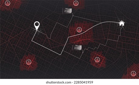 City Navigation and GPS map: Vector Illustrations of Urban Districts, Roads, and Landmarks. Top-Down View . Closed area, district, road. Detailed view of city from above. City top view. Red Sign.