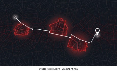 Mapa de navegación de la ciudad y GPS: Ilustraciones vectoriales de distritos urbanos, carreteras y monumentos. Vista descendente . Zona cerrada, distrito, carretera. Vista detallada de la ciudad desde arriba. Vista superior de la ciudad. Signo rojo.