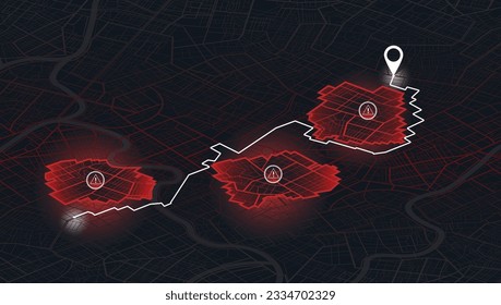 Mapa de navegación de la ciudad y GPS: Ilustraciones vectoriales de distritos urbanos, carreteras y monumentos. Vista descendente . Zona cerrada, distrito, carretera. Vista detallada de la ciudad desde arriba. Vista superior de la ciudad. Signo rojo.