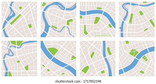 Conjunto de estilos Gps del patrón de mapa de navegación de la ciudad. Ocho mapas aislados en fondo blanco. Ciudad con río, canal y parques. Ilustración de Vectoe