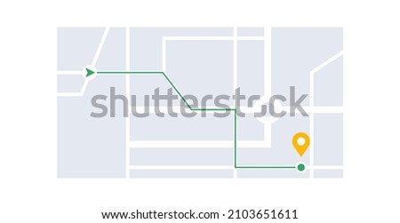 City navigation map, screen of the current location, route and distance to gps point. Map, street, address, gps, city, point, road. Vector illustration isolated on white background.