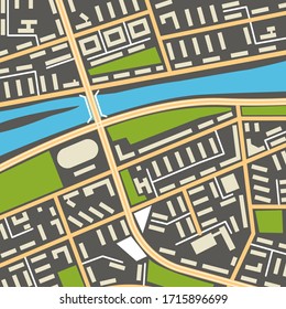 City navigation map with symbols of streets, houses, parks and river. Graphic illustration of city map background. Vector Illustration