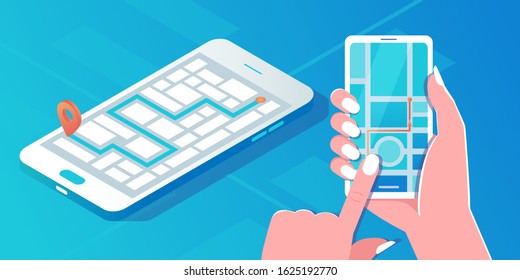 City navigation mobile map app. Isometric cityscape with road and buildings on smart phone screen. Vector illustration. Mobile gps and location tracking concept. Hand holding phone with application