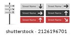 City navigation road signposts set with street name and directions, pillar with three signs