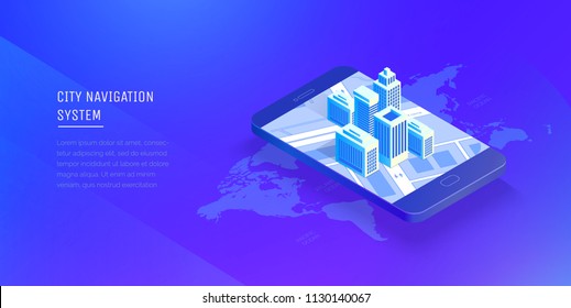 City navigation system. Smart city in a mobile phone. Mobile application for navigation. Modern vector illustration isometric style.