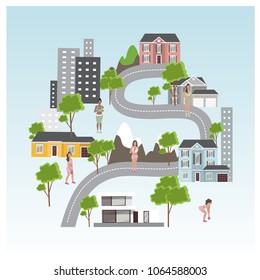 City navigation web banner. Panoramic flat city on mobile phone with pin and map.