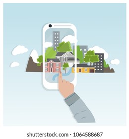City navigation web banner. Panoramic flat city on mobile phone with pin and map.