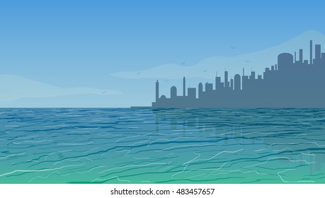 City near the ocean. Vector illustration.