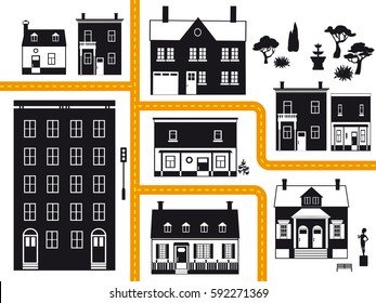 City neighborhood with different types of real estate, vector illustration, black, orange and yellow only, no white objects