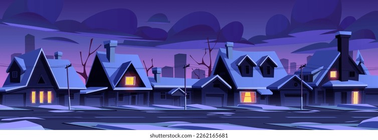 City neighborhood with street, houses and snow at night. Winter landscape of suburban district with cottages, residential buildings and road, vector cartoon illustration