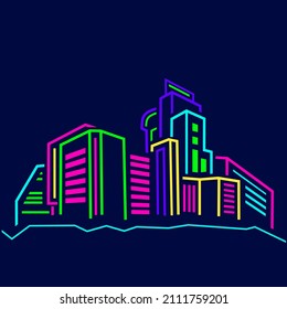 City neon line art design skyline with buildings, towers. Cityscape glowing lights, architecture vector illustration.