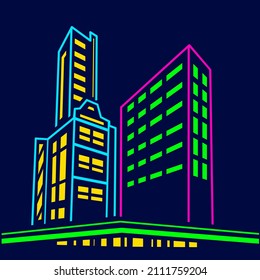 City neon line art design skyline with buildings, towers. Cityscape glowing lights, architecture vector illustration.