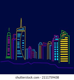 City neon line art design skyline with buildings, towers. Cityscape glowing lights, architecture vector illustration.