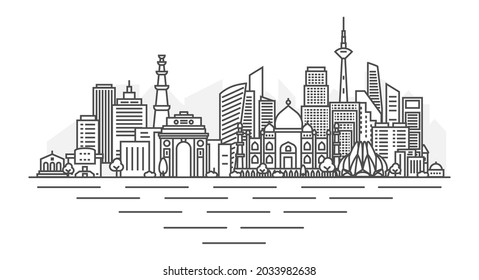 City of New Delhi, India architecture line skyline illustration. Linear vector cityscape with famous landmarks, city sights, design icons, with editable strokes isolated on white background.