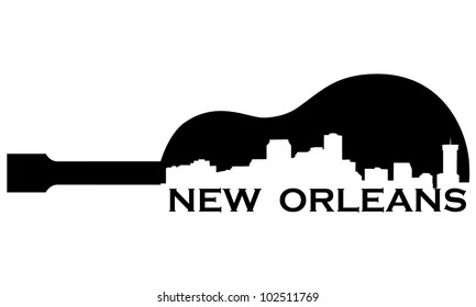 City of New Orleans high-rise buildings skyline with guitar