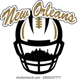 Die Stadt New Orleans Louisiana in der Innenstadt baut Skyline Silhouette in Gesichtsmaske des Fußball-Helms mit Schnürsenkel und Schriftzeichen oben. Vektorgrafik-Design.