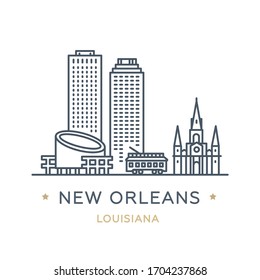 City New Orleans, state of Louisiana. Line icon of famous and largest city of USA. Outline icon for web, mobile and infographics. Landmarks and famous building. Vector illustration, white isolated. 