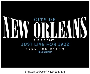 CITY OF NEW ORLEANS,varsity,slogan graphic for t-shirt,vector,with white text and black background