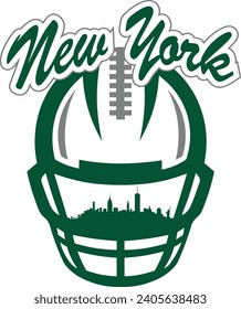 City of New York downtown buildings skyline silhouette inside face mask of football helmet with laces and script lettering above. Vector eps graphic design.