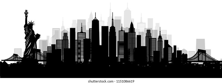 City of New York,America with world famous landmarks and city skyline, vector silhouette illustration