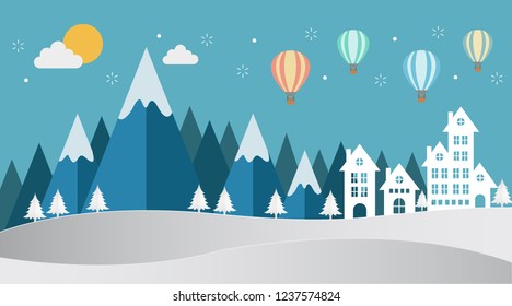 The city at night and black sky with winter weather, air balloon. vector illustration