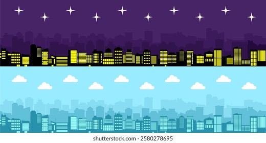 City night and day background vector featuring a modern urban skyline high rise buildings, Perfect for cityscapes, business, architecture, night views, and metropolitan design projects