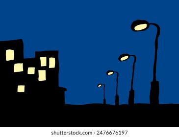 Ciudad de noche. Una calle desierta con faroles. Luz en las ventanas. Imagen de dibujos animados para impresiones, póster e ilustraciones.